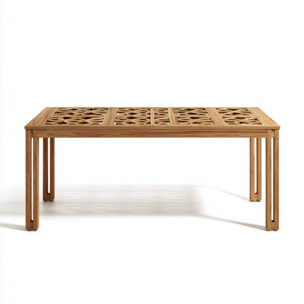 Table de jardin rectangulaire en bois marron clair avec sculpture ajourée sur le dessus