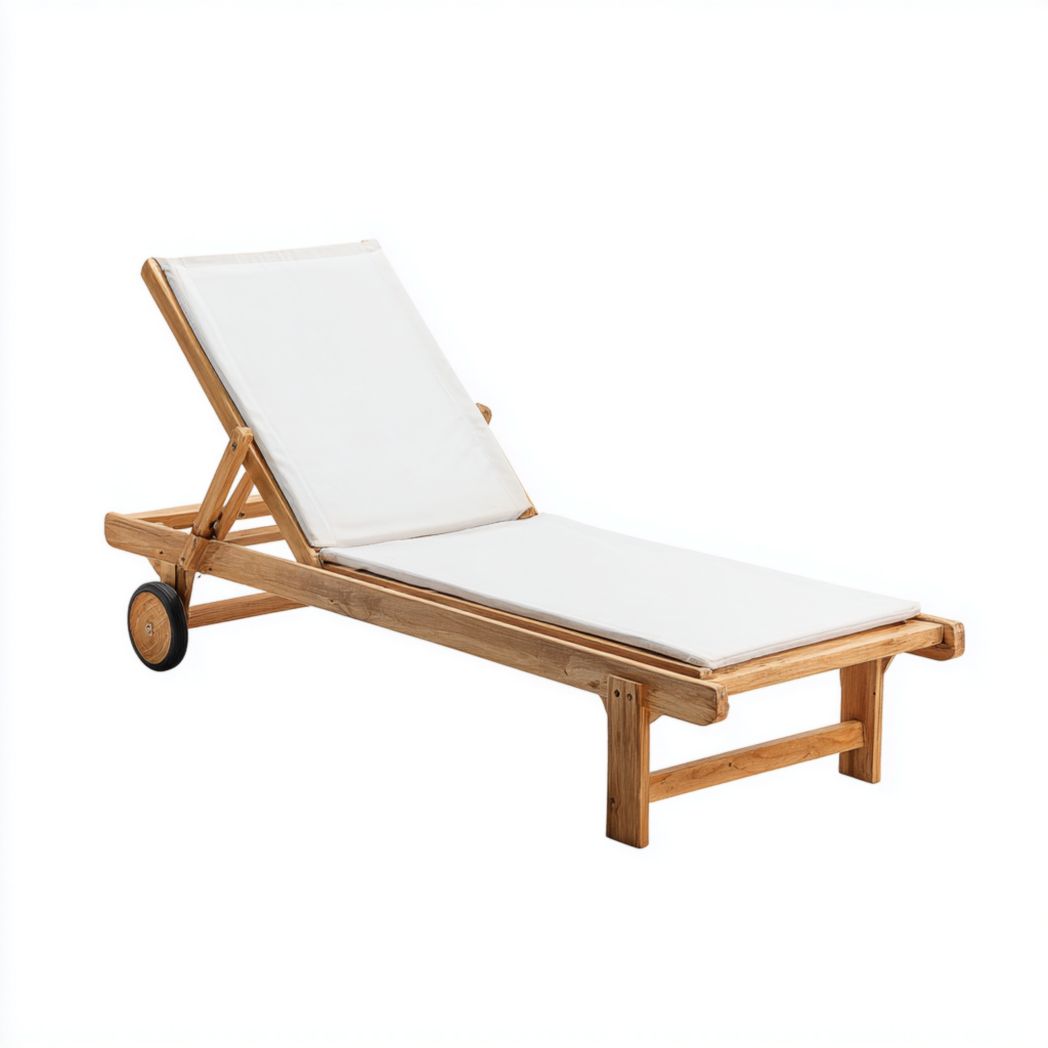 Chaise longue réglable bois coussin blanc roulettes
