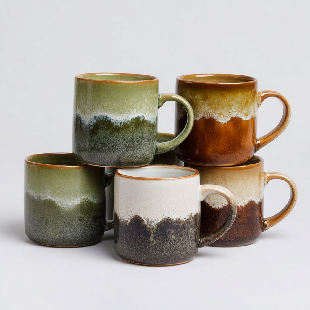 Mug en céramique à glaçure dégradée multicolore, forme cylindrique avec anse, lot de 6