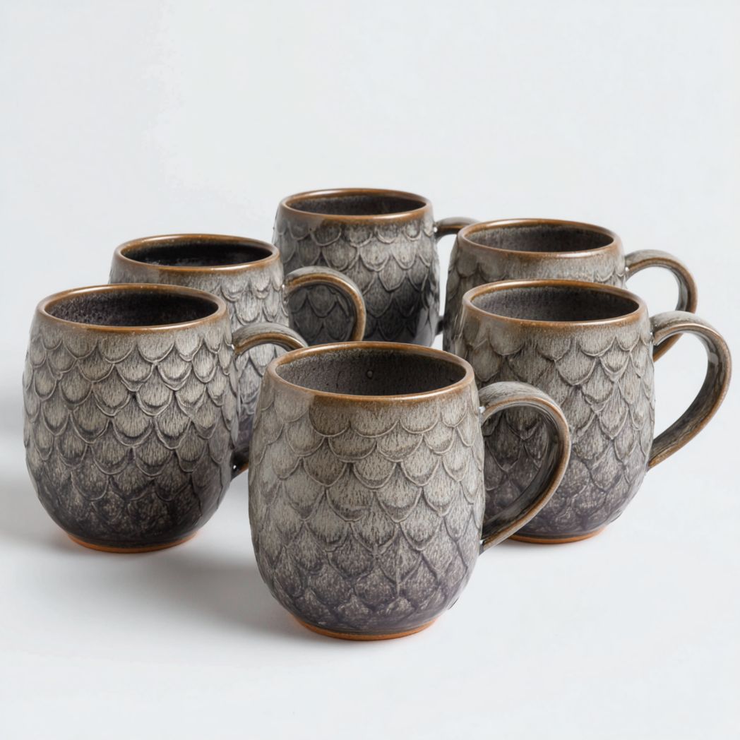 Mug en céramique décor écailles gris et noir, forme ronde avec anse, lot de 6