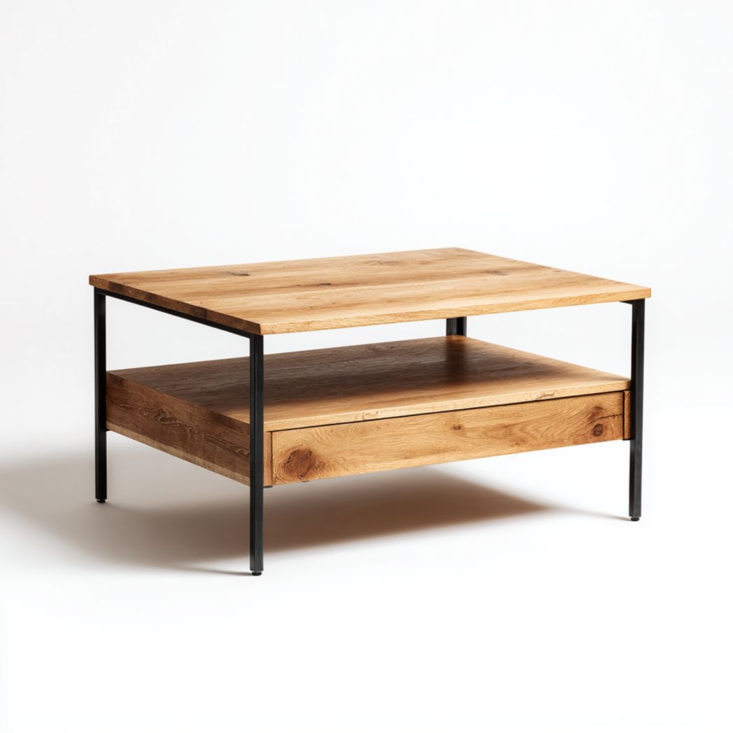 Table basse carrée à deux niveaux en bois et métal