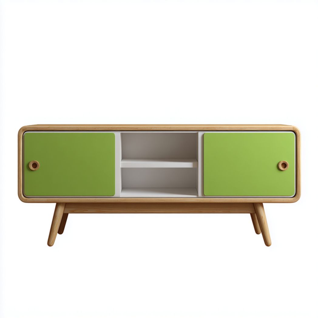 Meuble TV en bois avec portes coulissantes vertes et compartiments ouverts