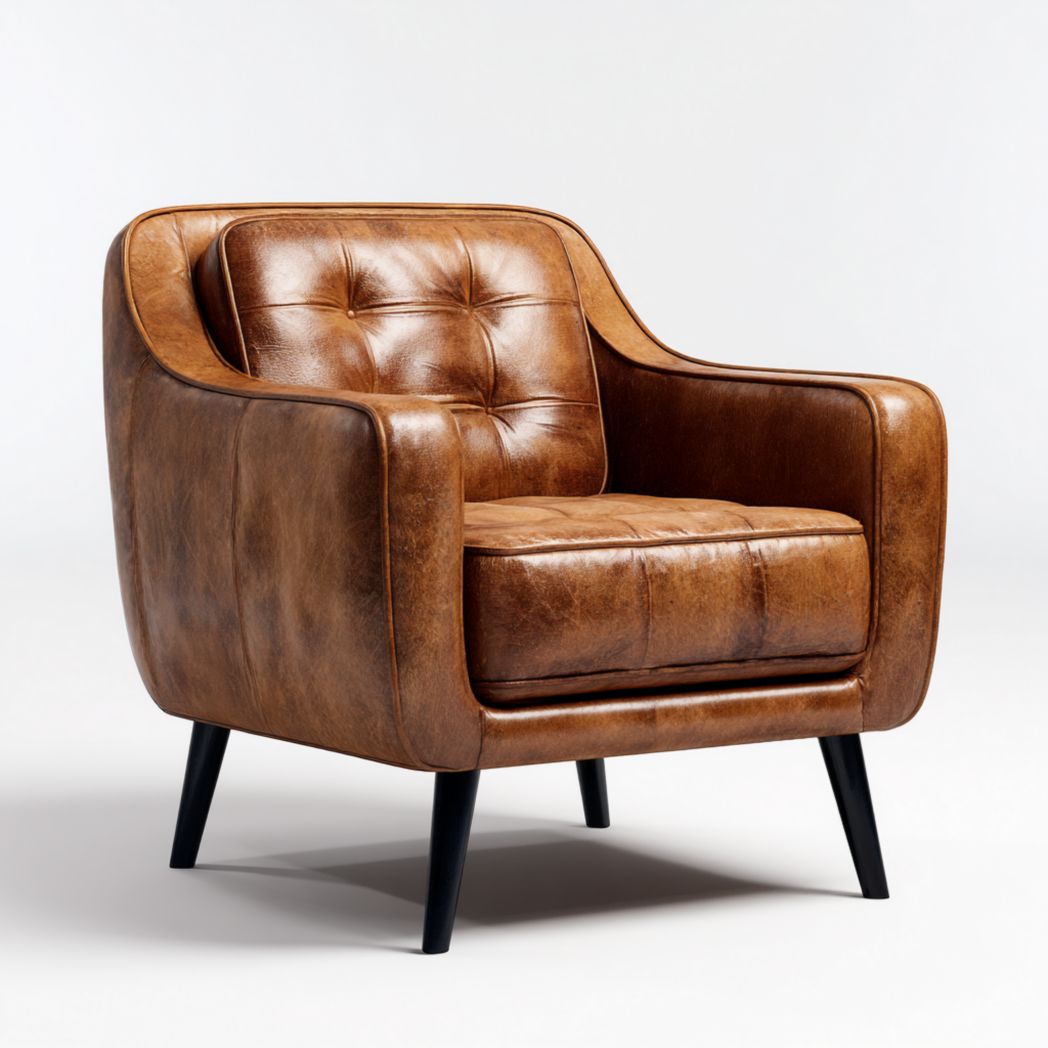 Fauteuil en cuir marron avec coussins d'assise et de dossier amovibles et pieds en bois marron foncé