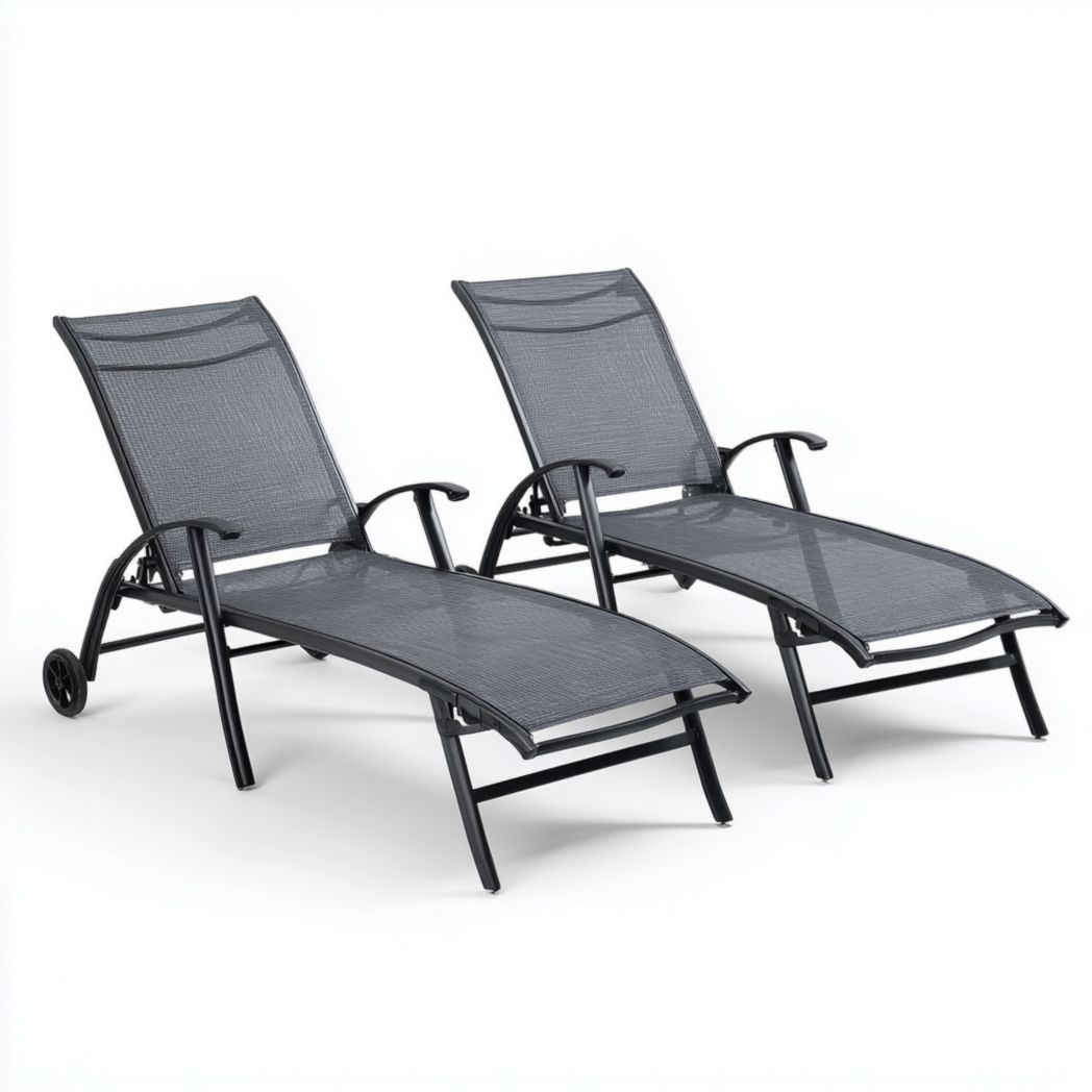 Lot de deux chaises longues en métal noir avec assise en toile grise