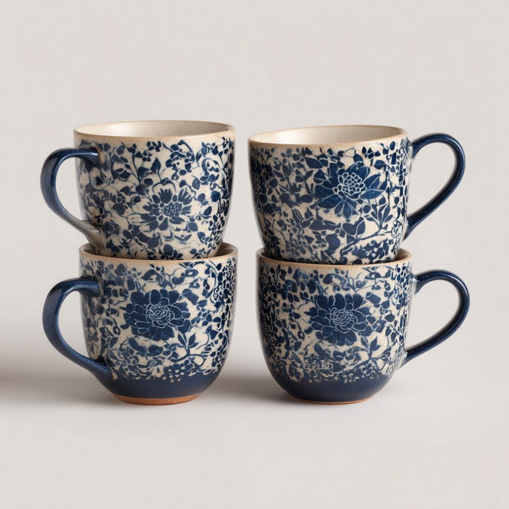 Ensemble de 4 mugs en céramique motif floral bleu et blanc avec anse