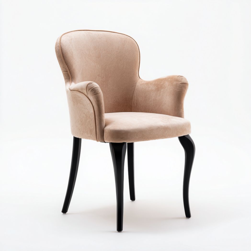 Chaise de salle à manger en velours beige clair｜Dossier arrondi, accoudoirs, 4 pieds en bois noir courbés