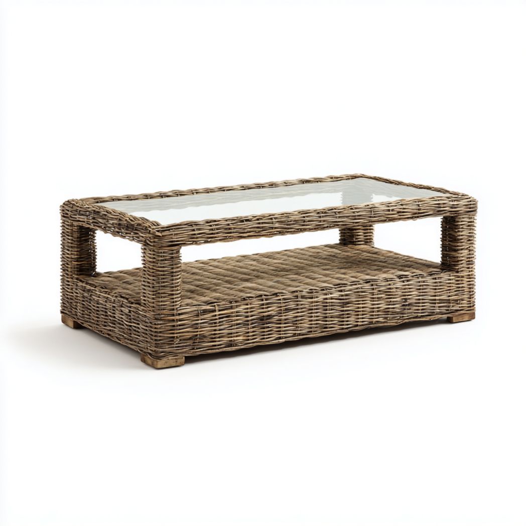 Table basse de jardin rectangulaire en rotin avec plateau inférieur et plateau en verre