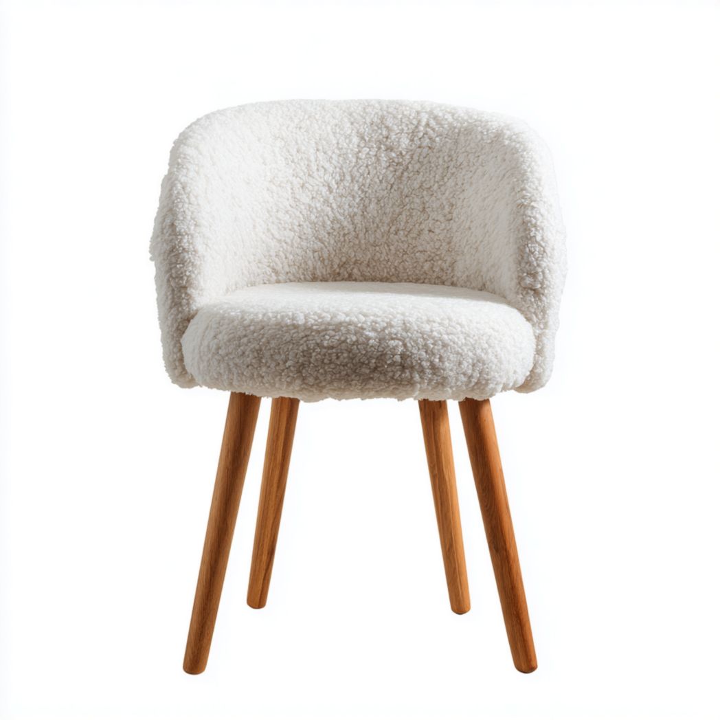 Chaise de salle à manger en tissu bouclette blanc｜Dossier arrondi, assise rembourrée, 4 pieds en bois brunl