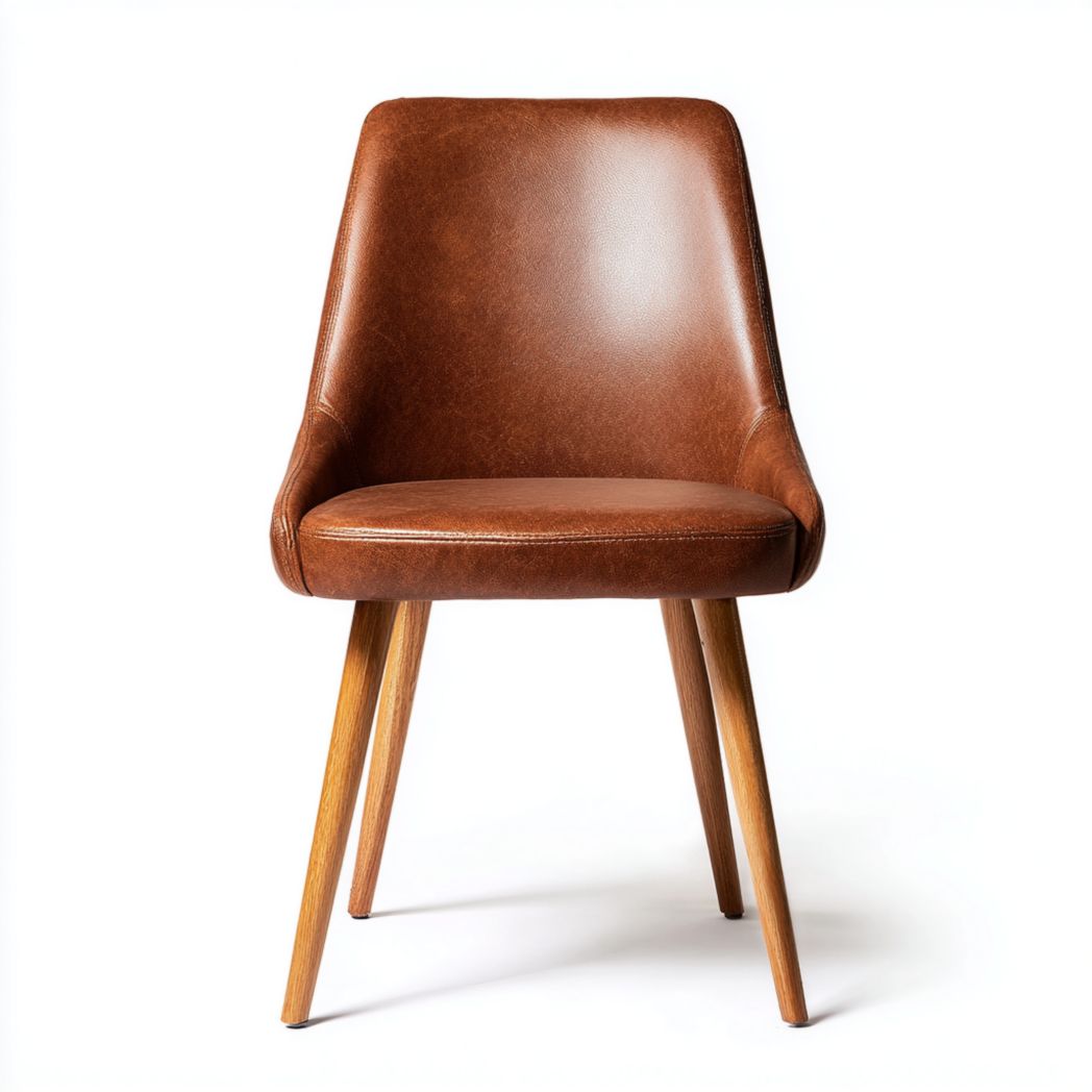 Chaise de salle à manger en similicuir marron | Dossier haut, assise rembourrée, 4 pieds en bois marron clair