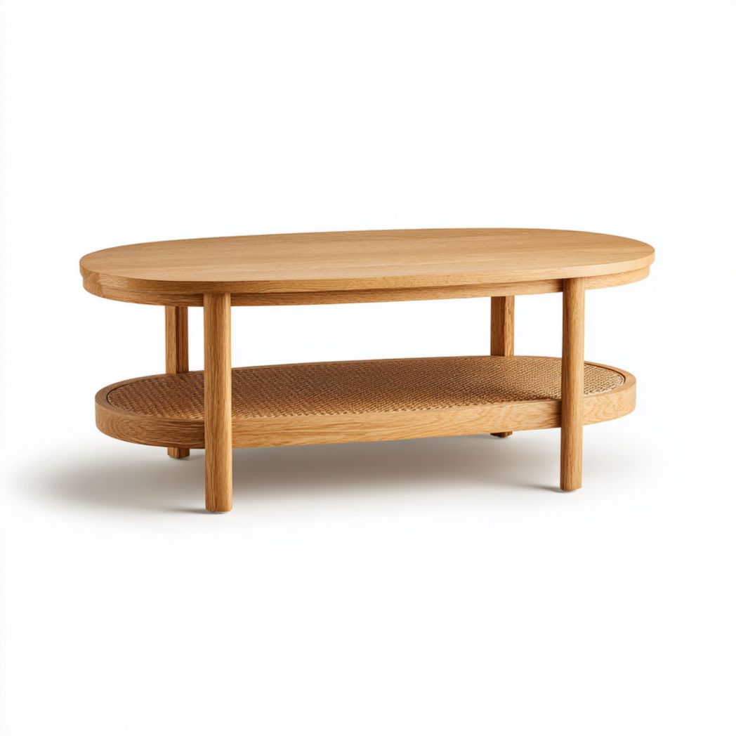 Table basse double ovale en bois marron clair avec étagères en rotin