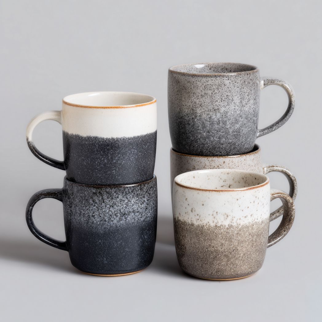 Mug en céramique à glaçure dégradée gris, noir et blanc, forme cylindrique avec anse, lot de 5