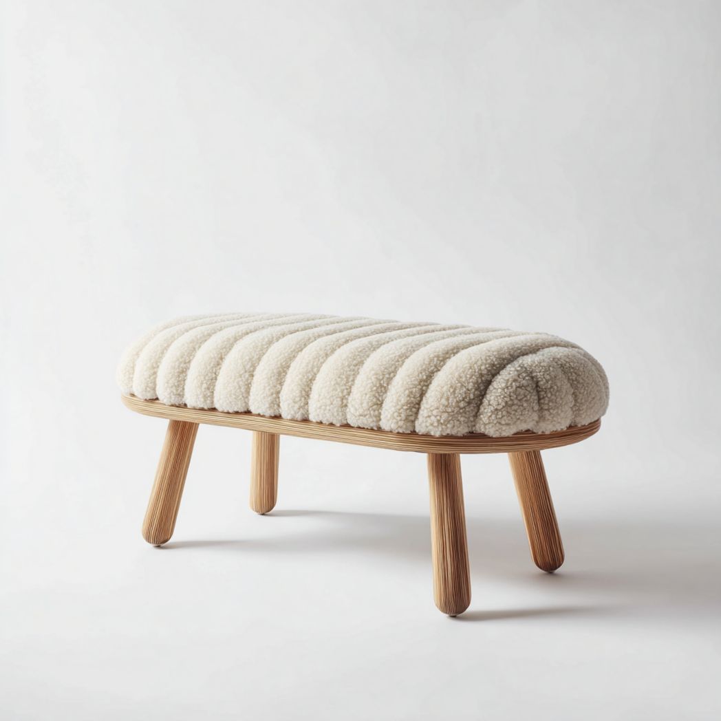 Banc en tissu bouclette beige｜Assise ovale rembourrée, pieds cylindriques en bois
