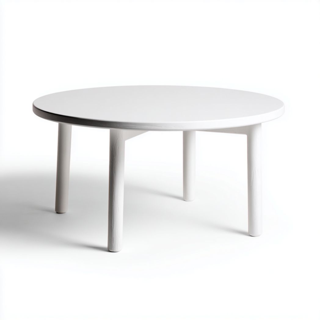 Table basse ronde en bois blanc à quatre pieds