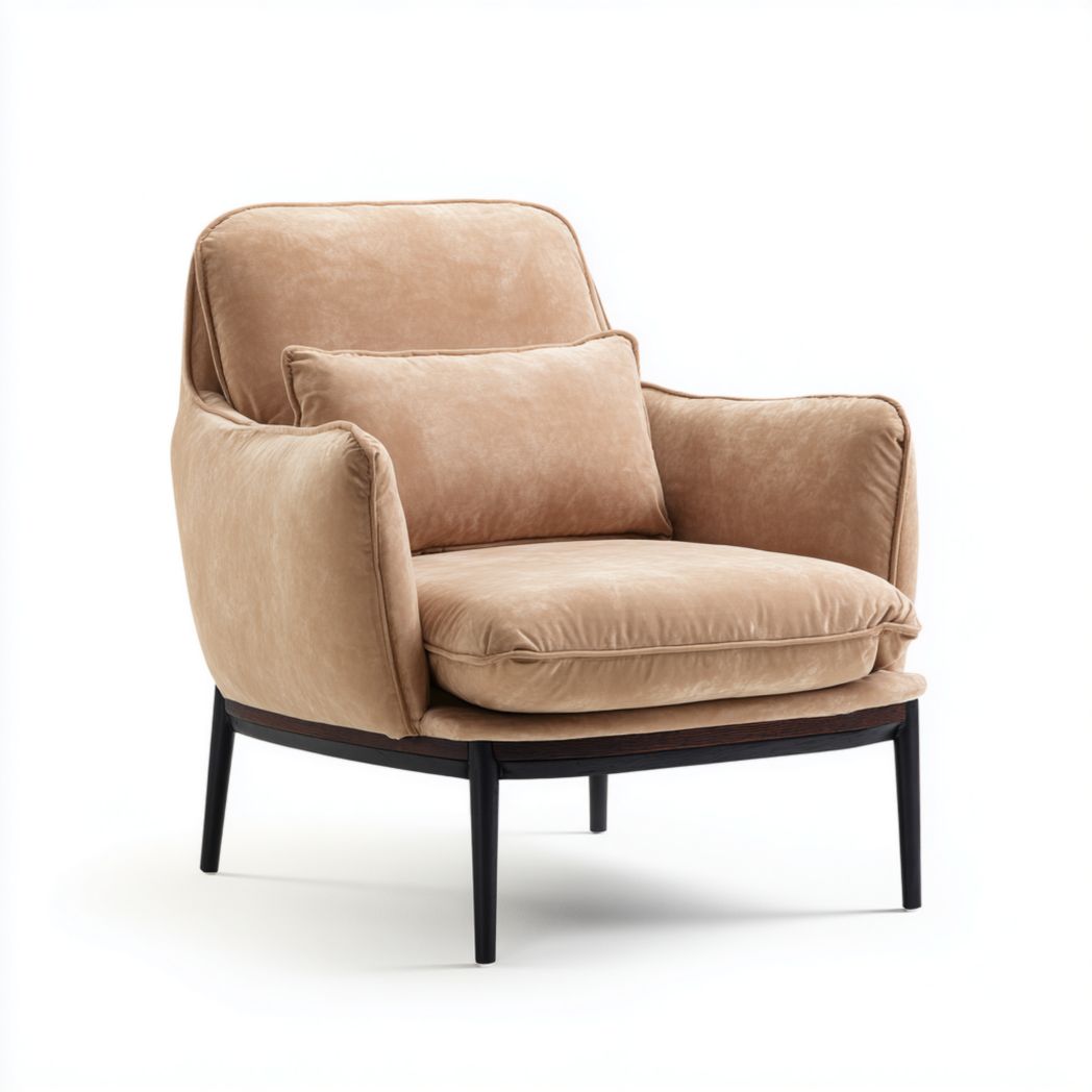 Fauteuil en tissu beige avec coussins de dossier et d'assise et pieds en métal noir