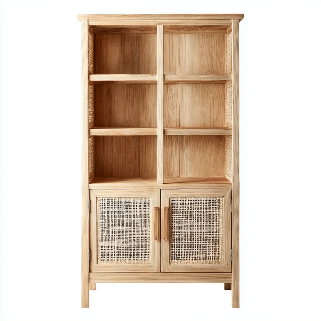 Bibliothèque verticale en bois avec trois étagères ouvertes et doubles portes en rotin