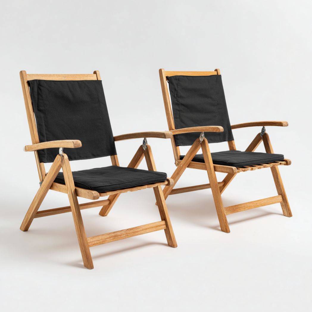 Ensemble de deux chaises de jardin pliantes en bois avec dossier et assise en tissu noir