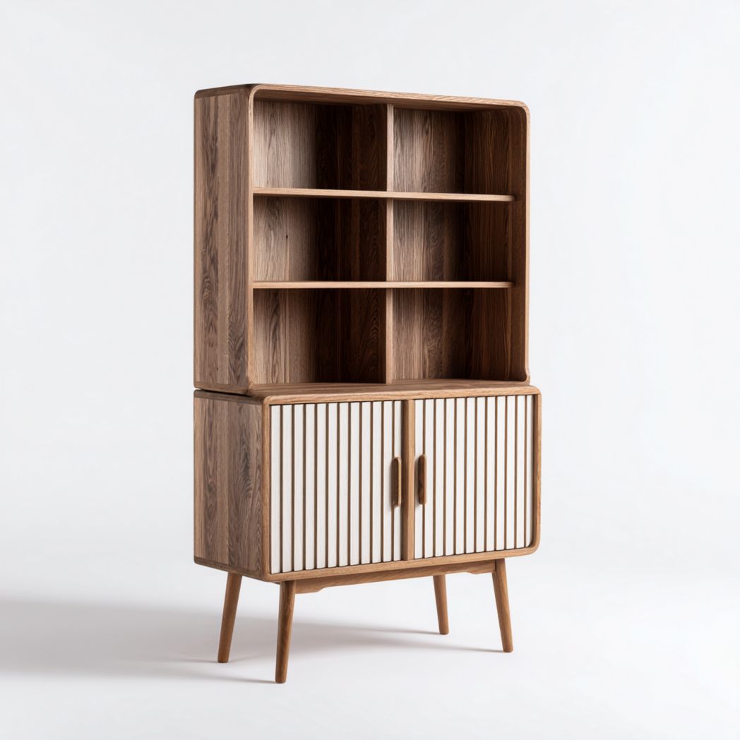 Bibliothèque en noyer avec six étagères ouvertes et portes doubles rayées