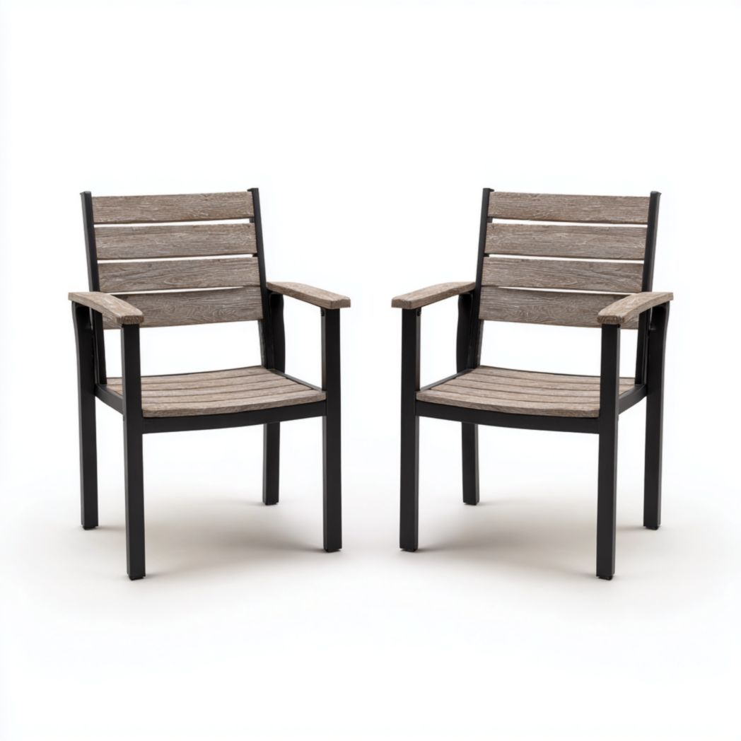 Lot de 2 chaises de jardin avec structure en métal noir et lattes effet bois gris brun