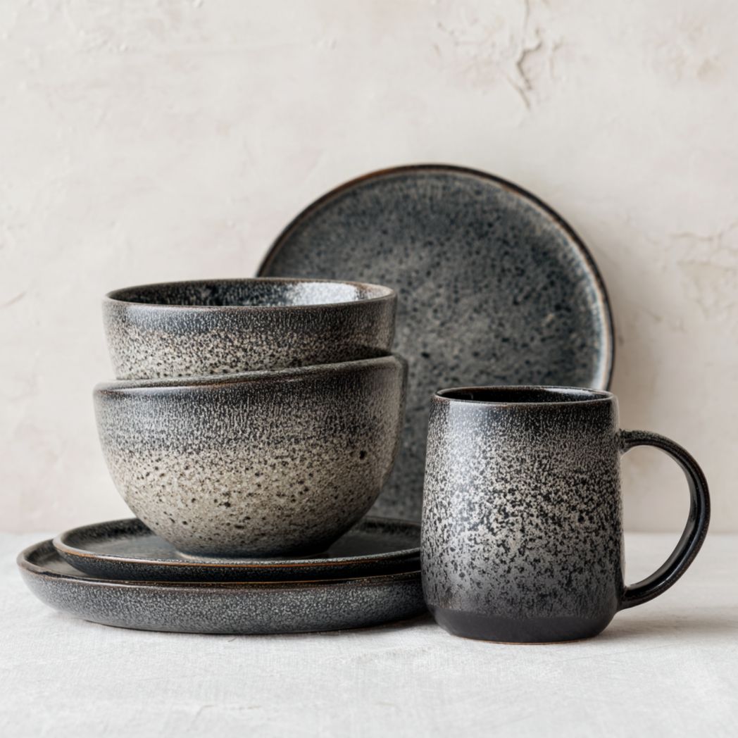 Service de table en céramique à glaçure dégradée gris et noir, assiettes bols et tasse, lot de 6