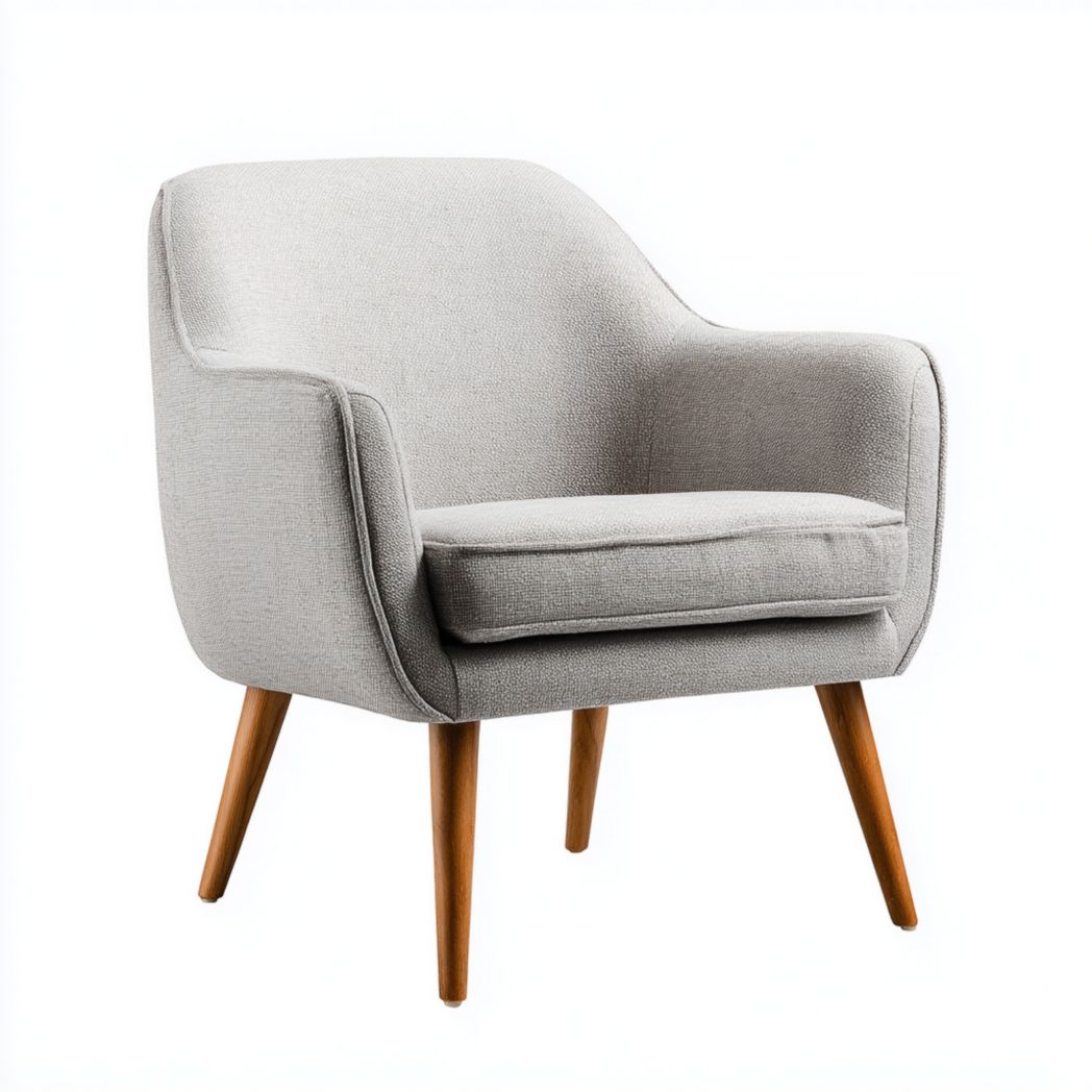 Fauteuil en tissu gris clair avec coussin amovible et pieds en bois