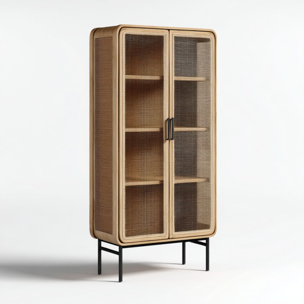 Bibliothèque rectangulaire en bois avec portes en rotin et structure métallique noire