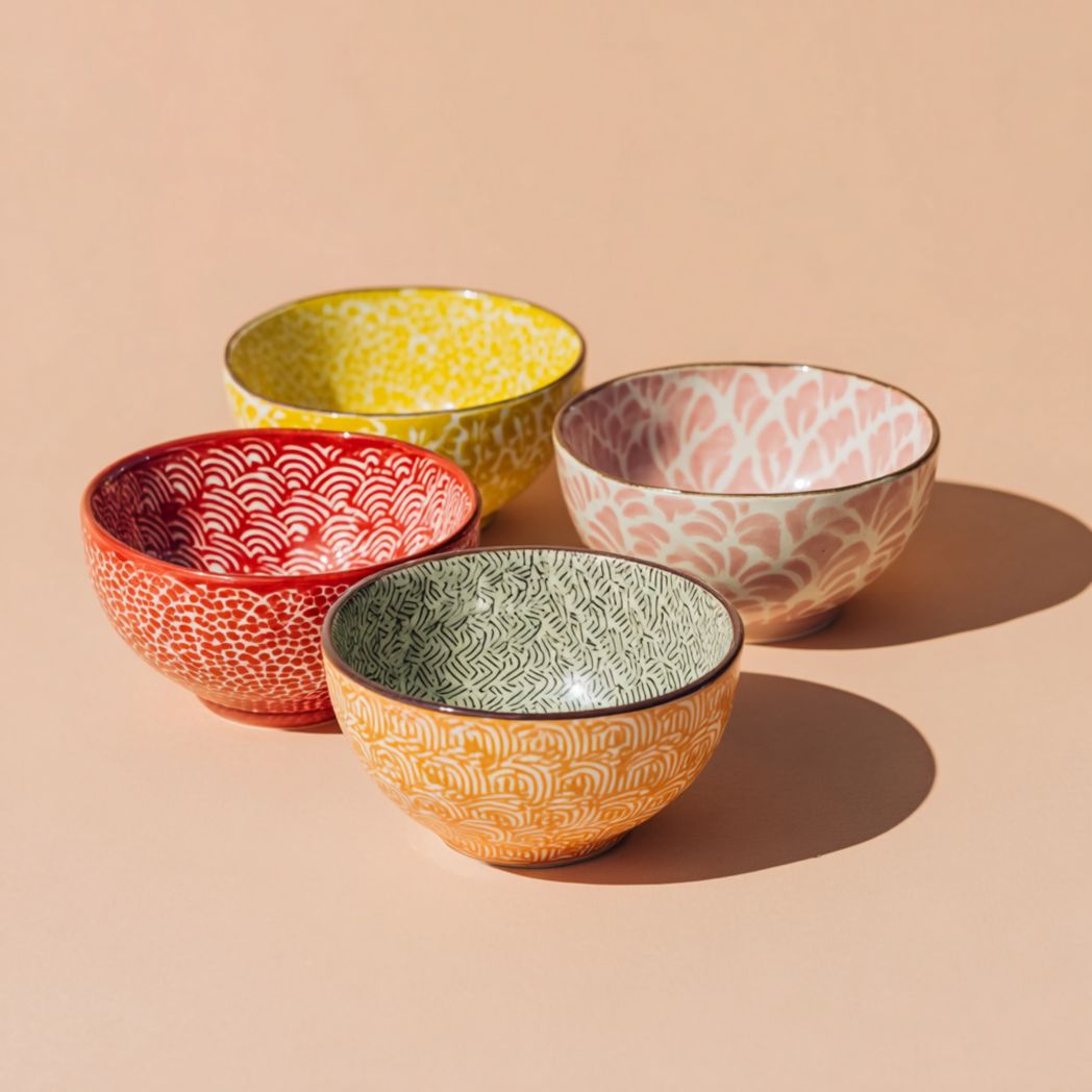 Bols en céramique à motifs colorés, ronds, pied bas, lot de 4