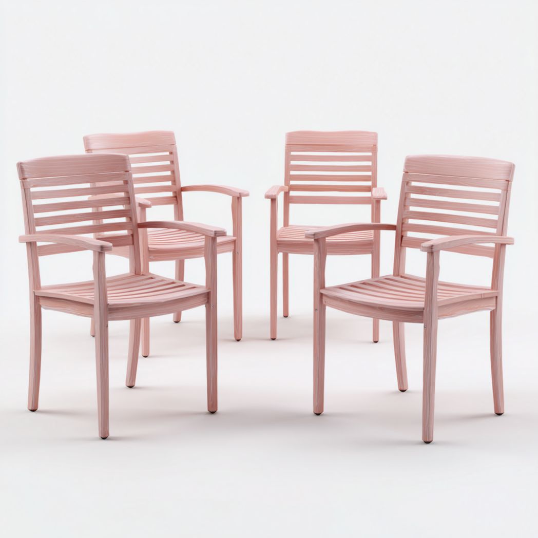 Ensemble de quatre chaises de jardin roses et fauteuils en bois