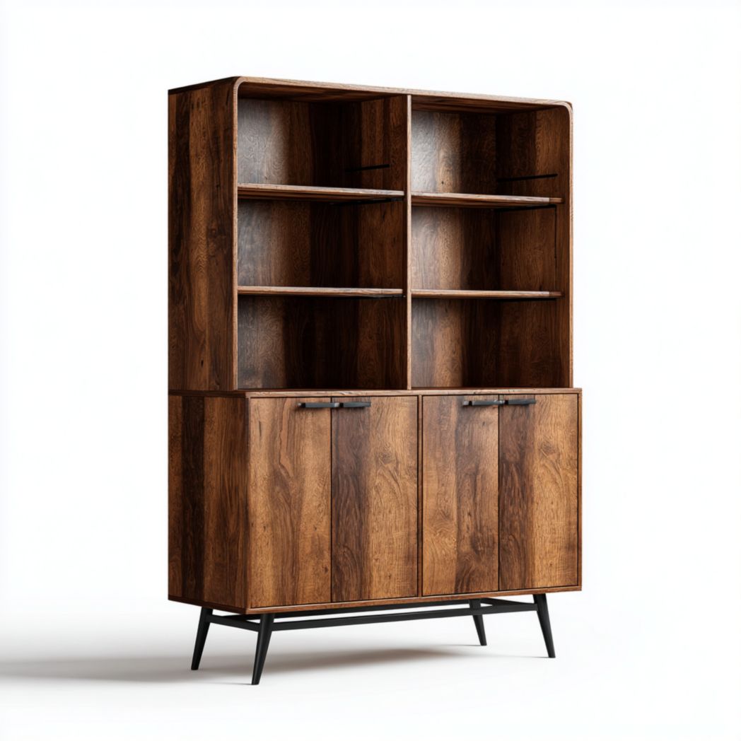 Bibliothèque verticale en noyer foncé avec six étagères ouvertes et quatre portes de rangement