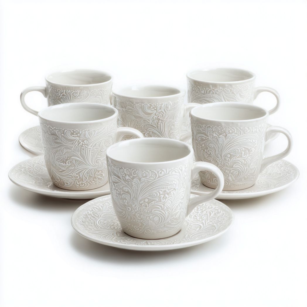 Tasses à café en céramique blanches avec soucoupes, décor en relief, lot de 6