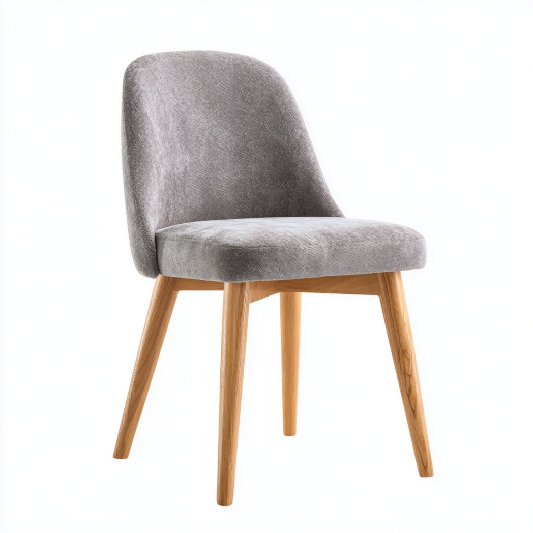 Chaise de salle à manger en velours gris clair | dossier rond, assise rembourrée, 4 pieds en bois marron clair