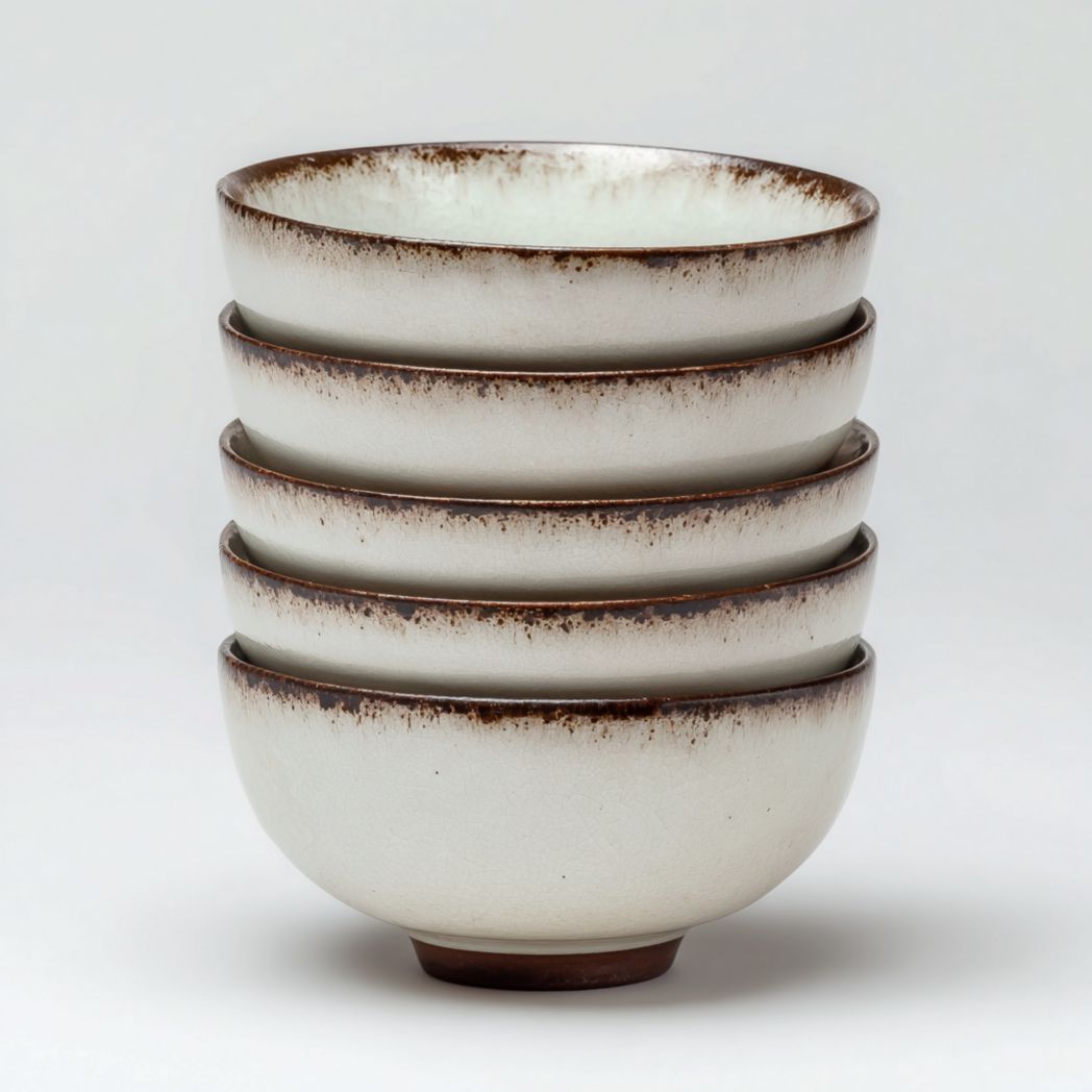 Bol en céramique émaillé blanc cassé avec bord brun dégradé, forme ronde à pied bas, lot de 5