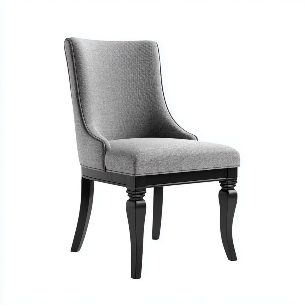 Chaise de salle à manger en tissu gris clair｜Dossier haut sans accoudoirs, assise rembourrée, 4 pieds en bois noir sculptés