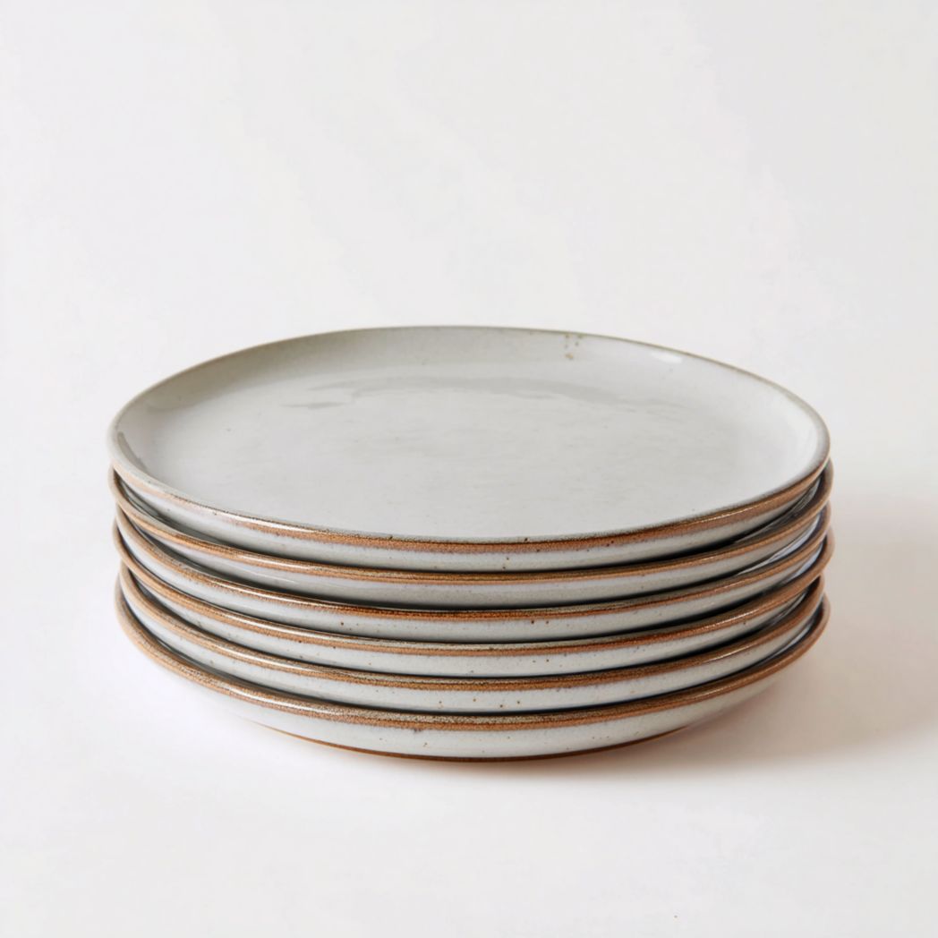 Lot de 6 assiettes en céramique gris-blanc (rondes avec bord brun)