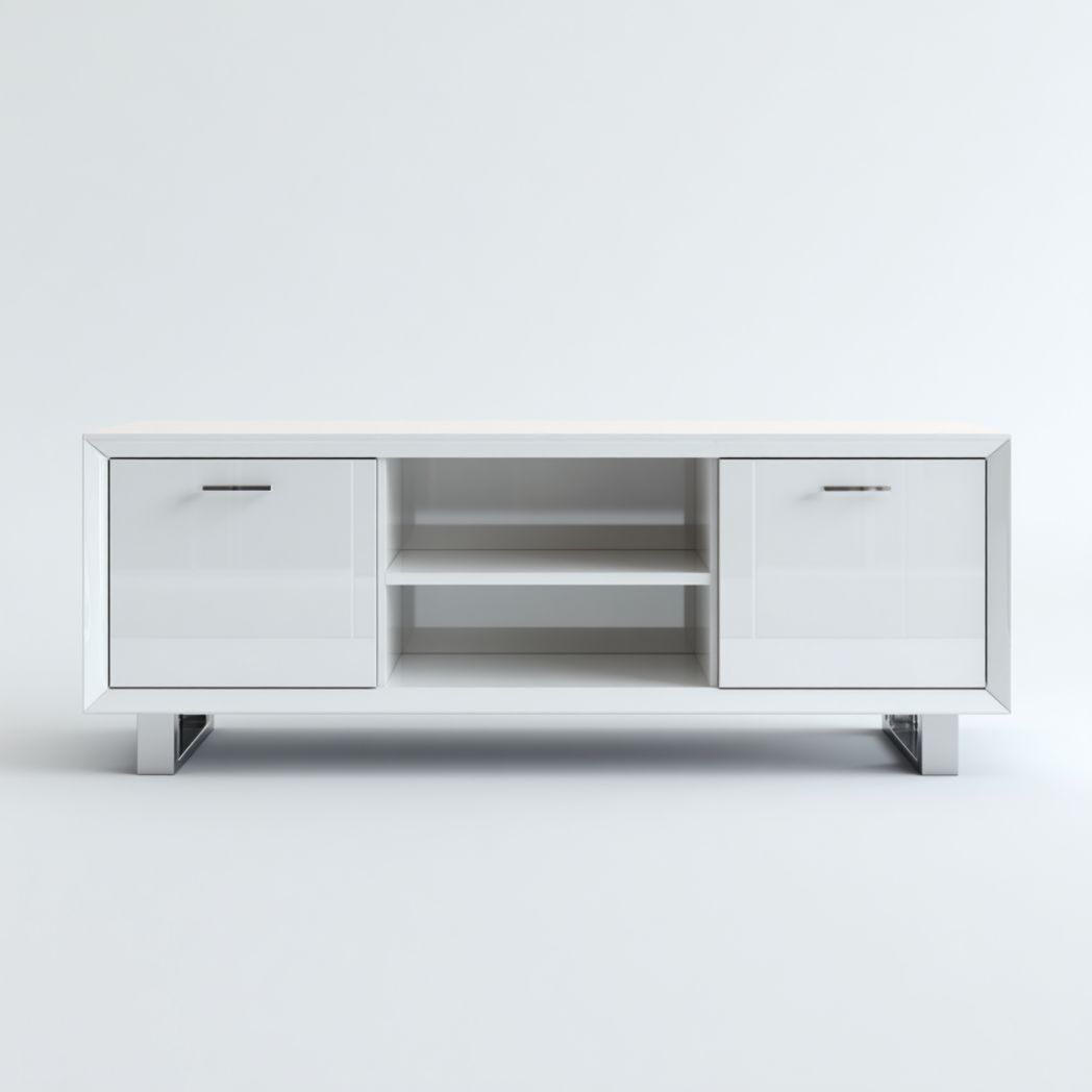 Meuble TV laqué blanc avec deux tiroirs et étagère centrale ouverte