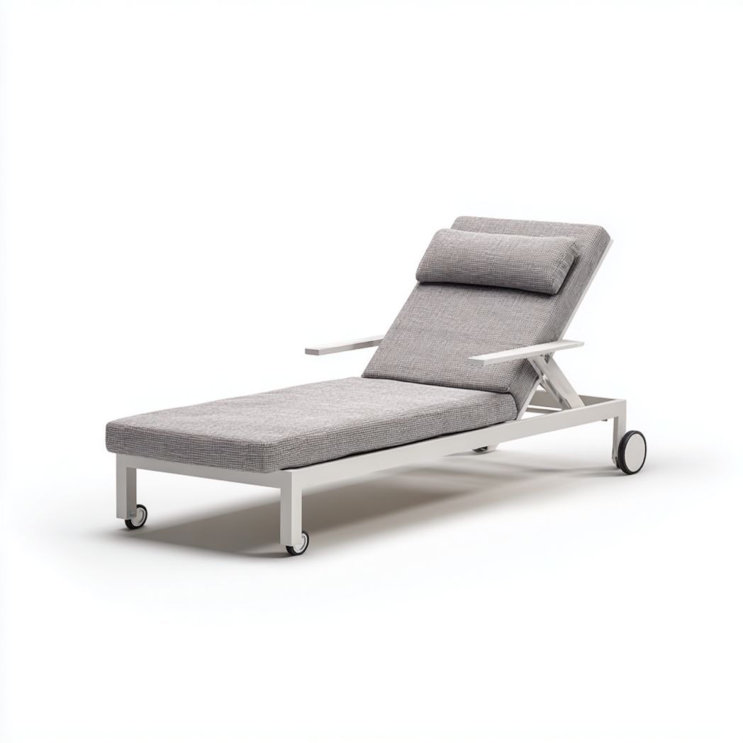 Chaise longue réglable aluminium blanc coussin gris roulettes blanches bord noir