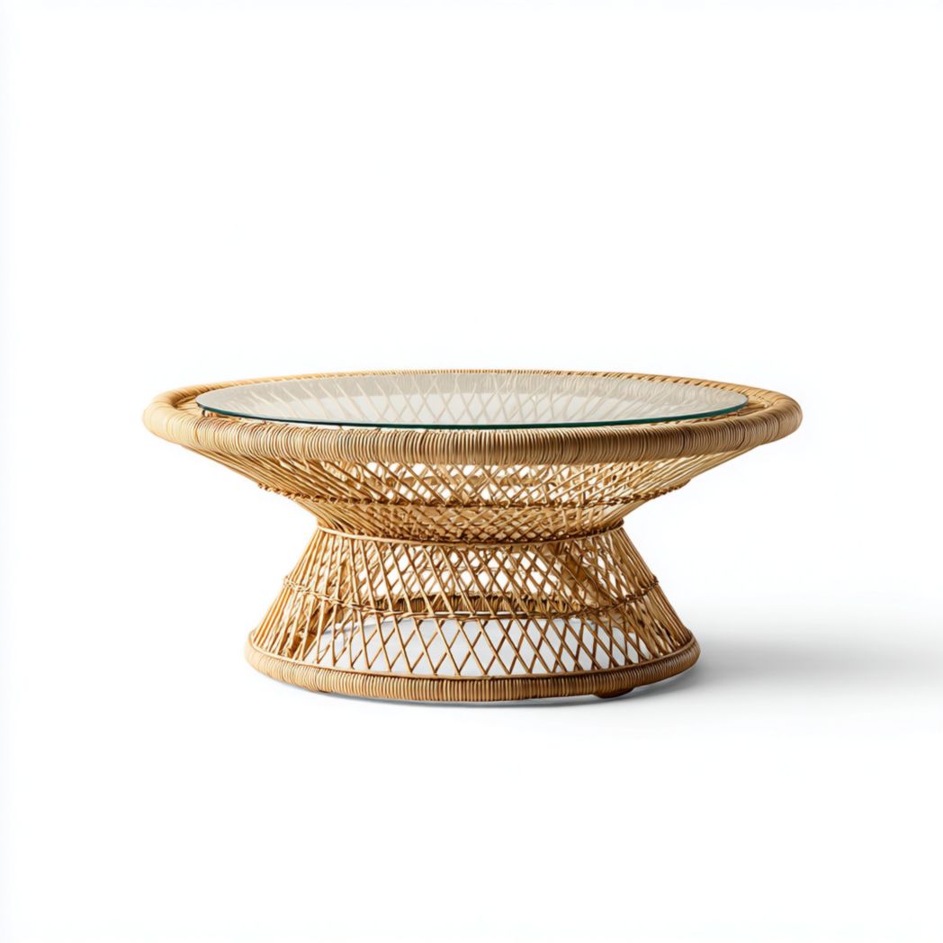 Table basse de jardin ronde en rotin tressé avec plateau en verre