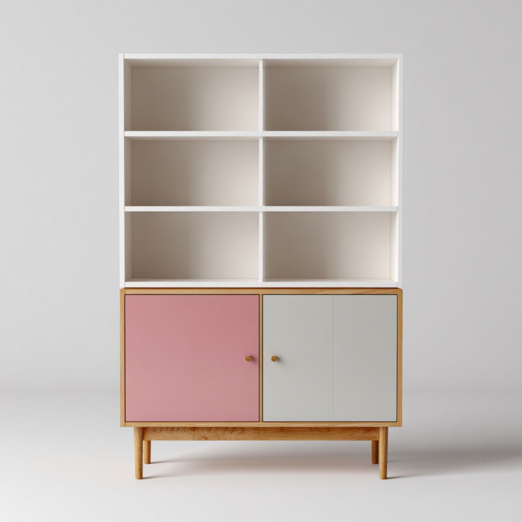 Bibliothèque blanche à six compartiments avec armoire à deux portes roses et grises