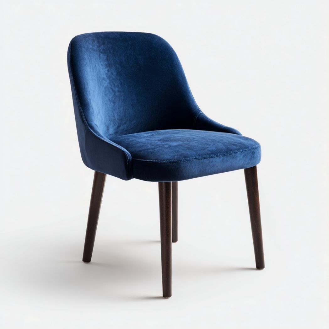 Chaise de salle à manger en velours bleu saphir｜Dossier arrondi, assise rembourrée, 4 pieds en bois foncé