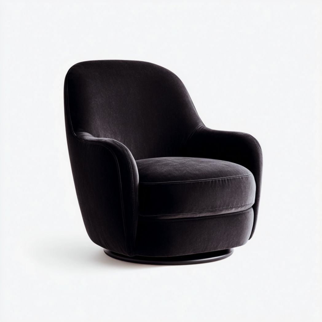 Fauteuil en velours noir avec dossier arrondi et coussin d’assise amovible