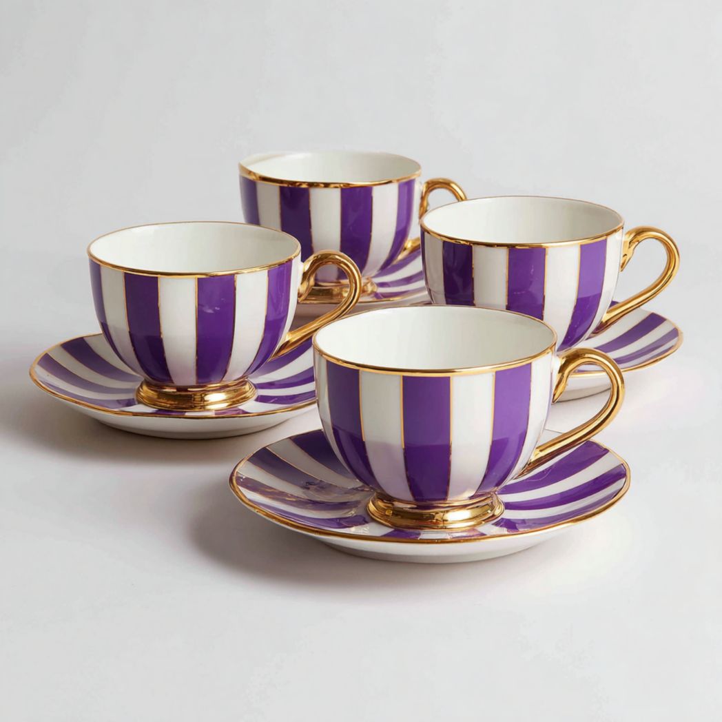 Service de tasses à thé en céramique rayées violet et blanc avec anse dorée, lot de 8 pièces