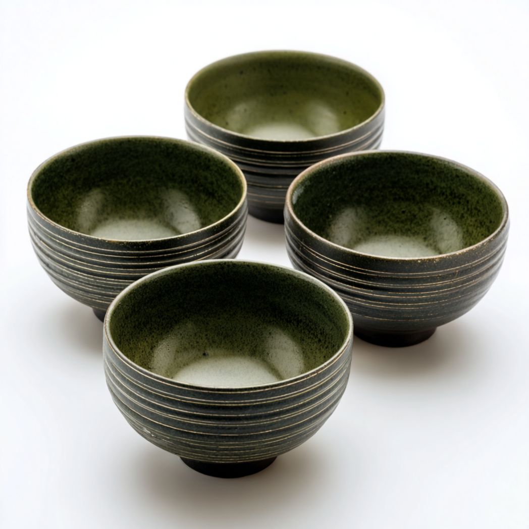 Bol en céramique émaillé vert foncé avec stries horizontales, forme ronde à pied bas, lot de 4