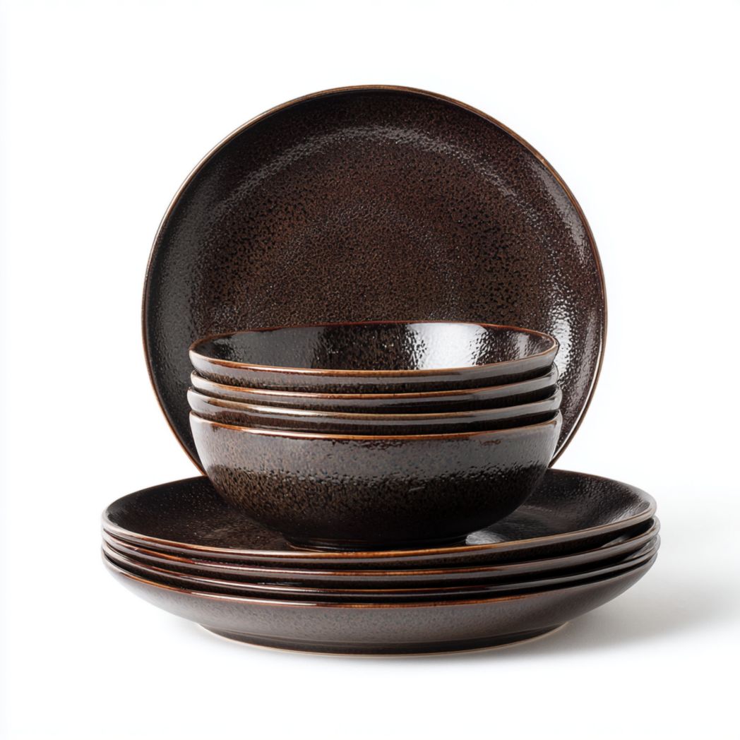 Service de table 9 pièces en céramique brun foncé (bols et assiettes rondes)