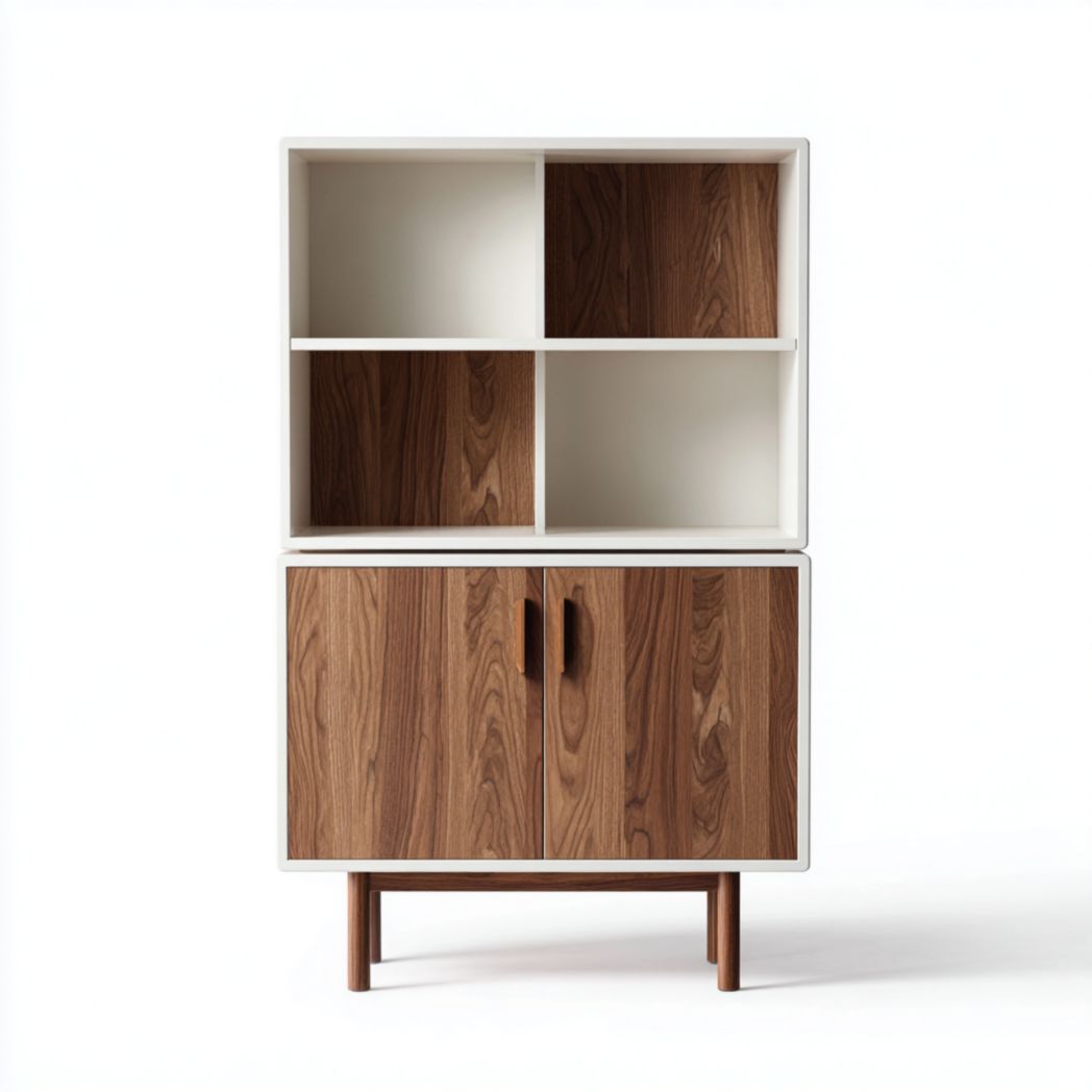 Bibliothèque bicolore avec quatre compartiments ouverts et deux portes