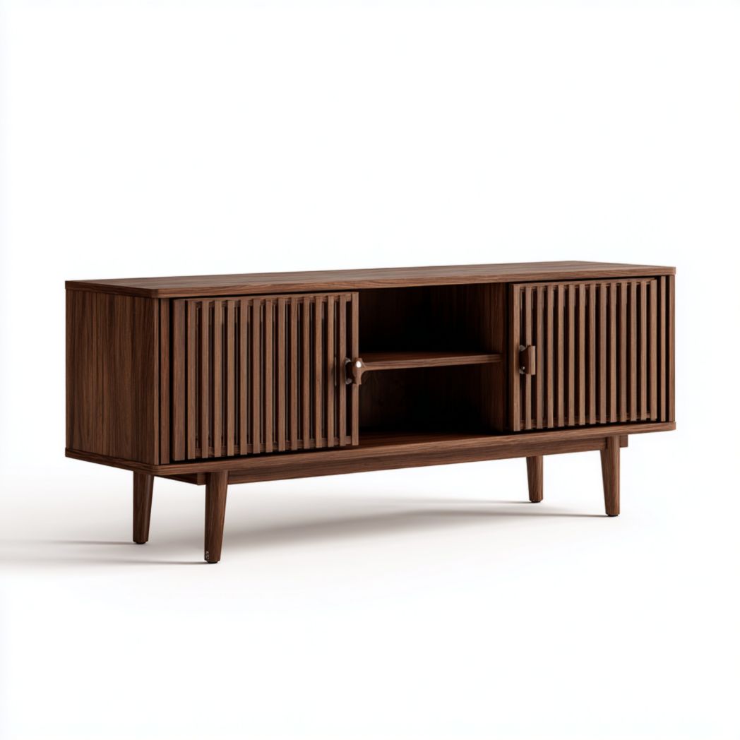 Meuble TV couleur noyer avec portes à lattes et niche centrale ouverte