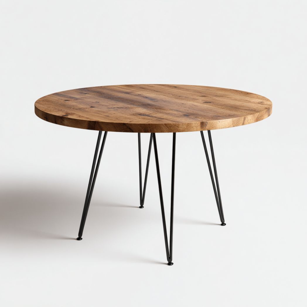 Table de jardin ronde en bois｜Plateau brunl avec pieds métalliques noirs