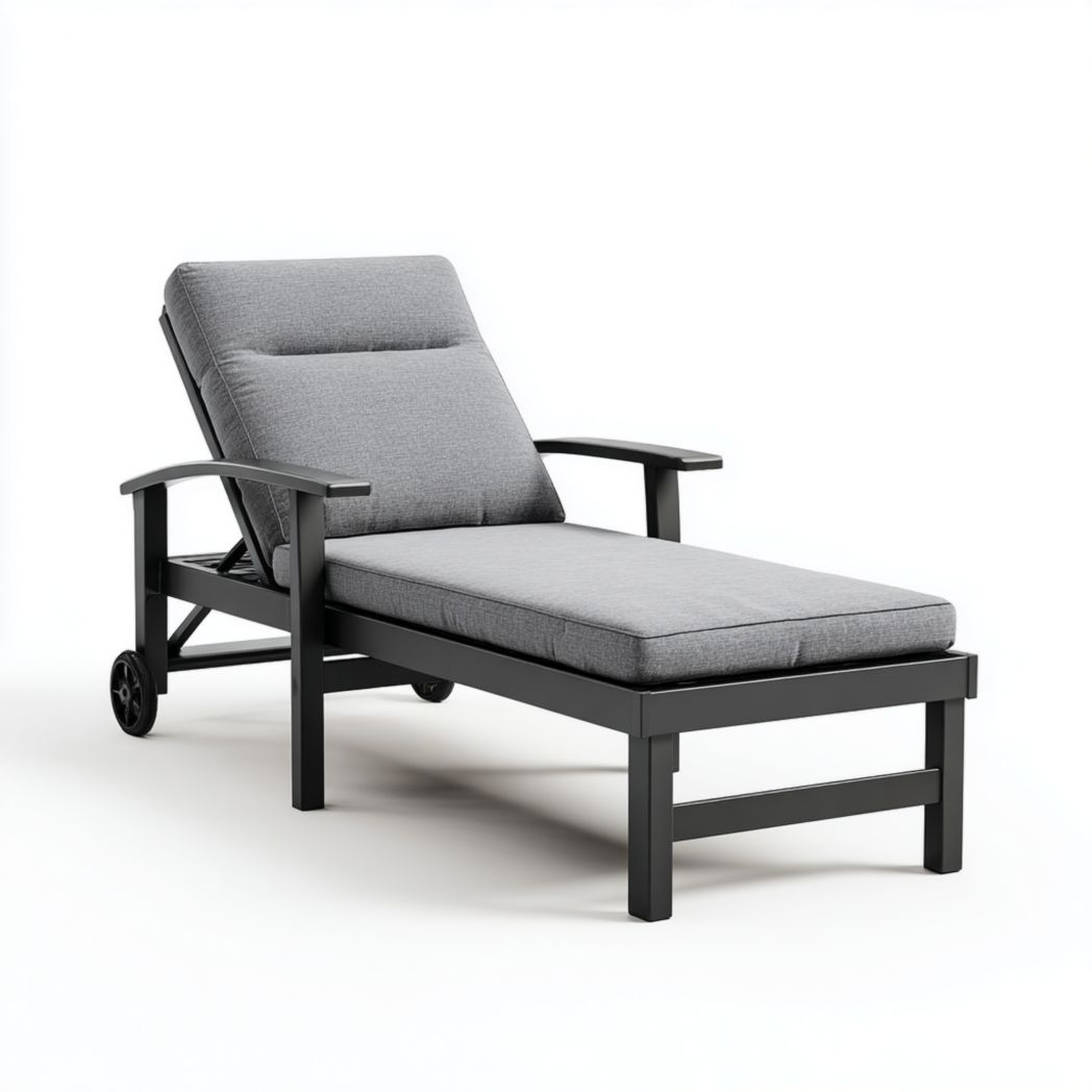 Chaise longue réglable avec assise noire et roulettes grises
