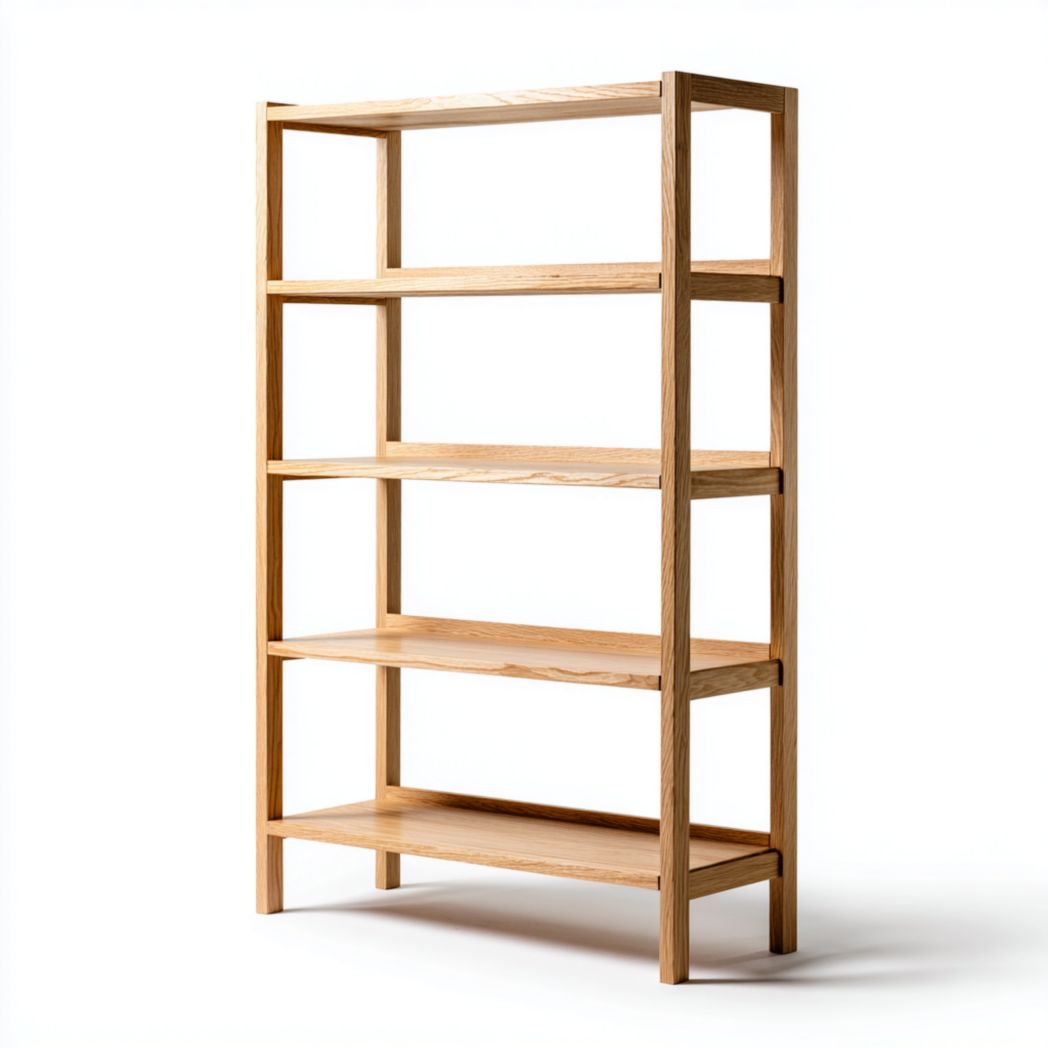 bibliothèque rectangulaire en bois brun clair avec quatre étagères ouvertes