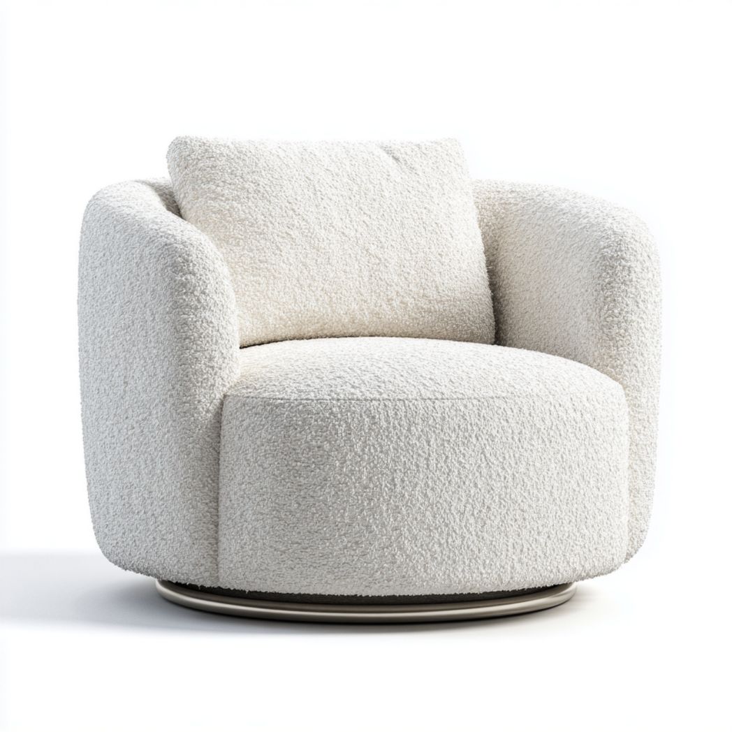 Fauteuil en tissu écru avec coussin assorti et base ronde