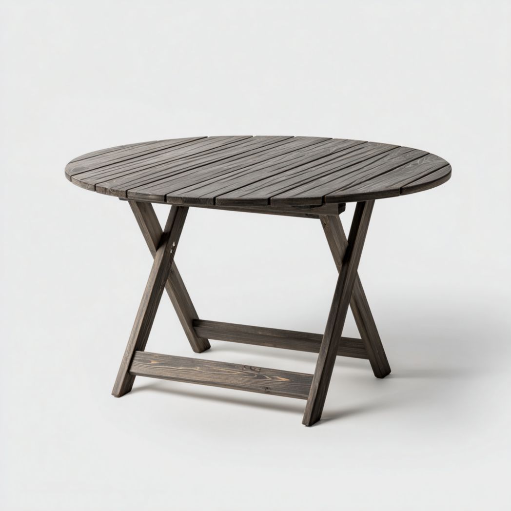 Table de jardin ronde pliante en bois brun foncé | Plateau à lattes en bois