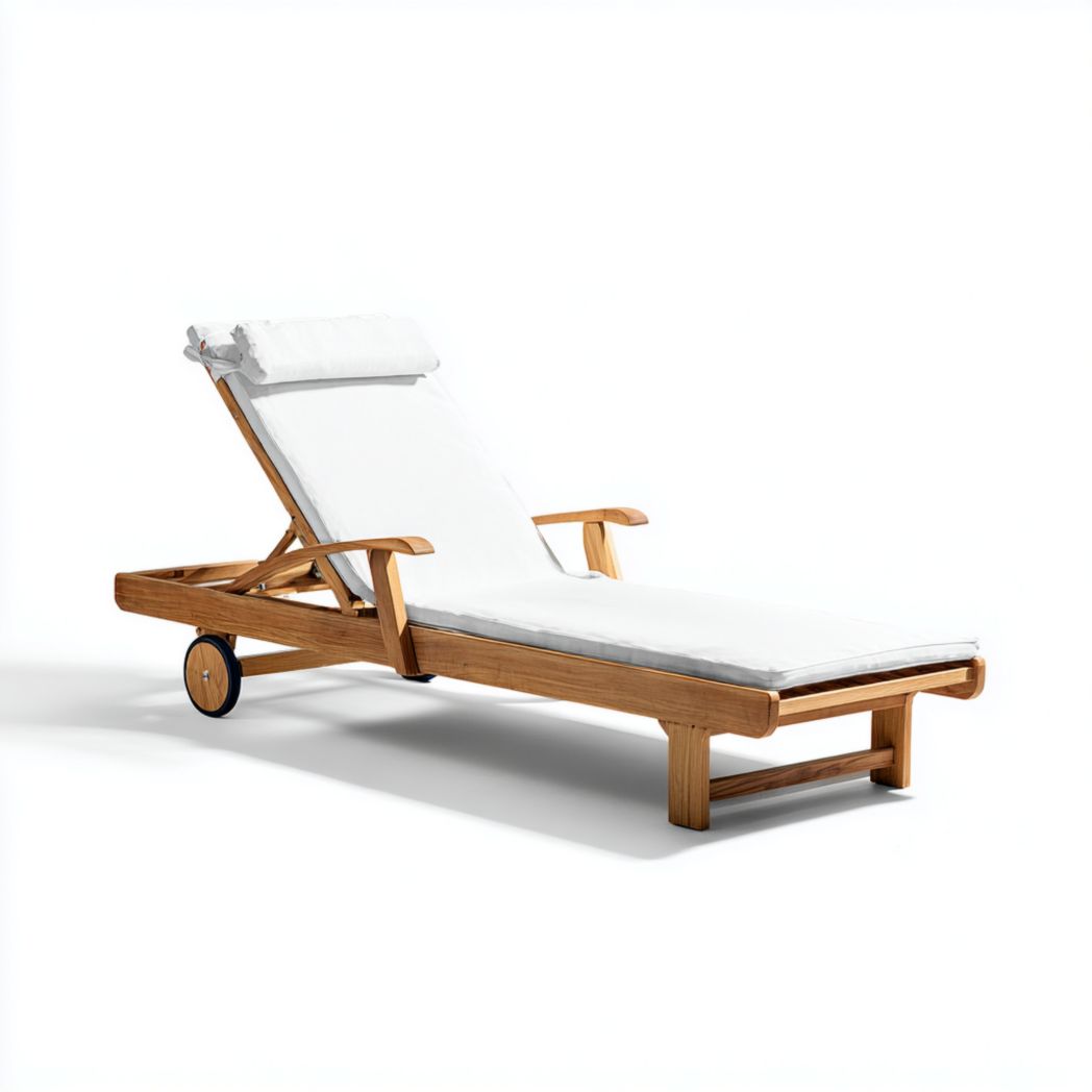 Chaise longue réglable bois coussin blanc roulettes